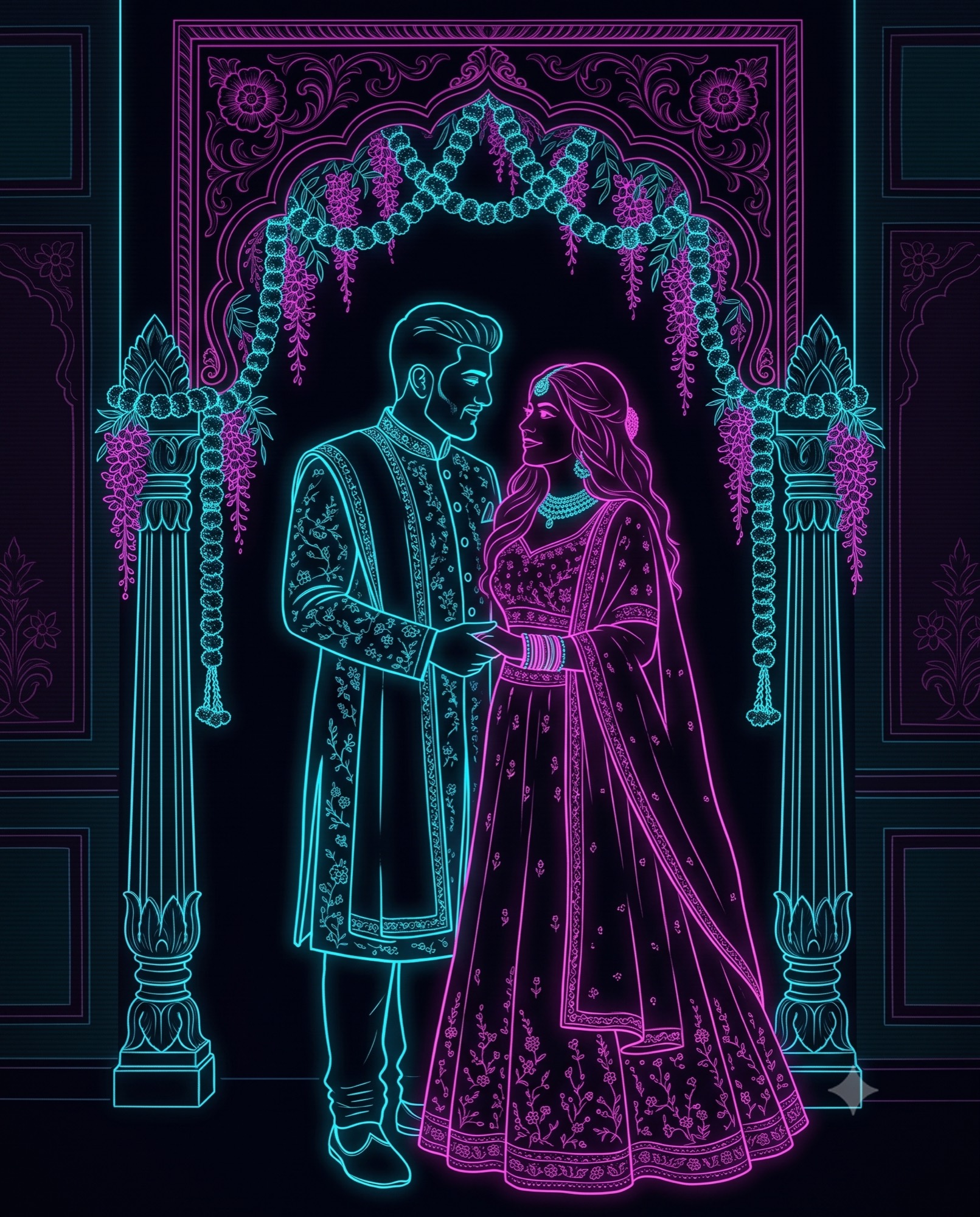 Neon line-art of Sanchit and Riya beneath a jharokha arch