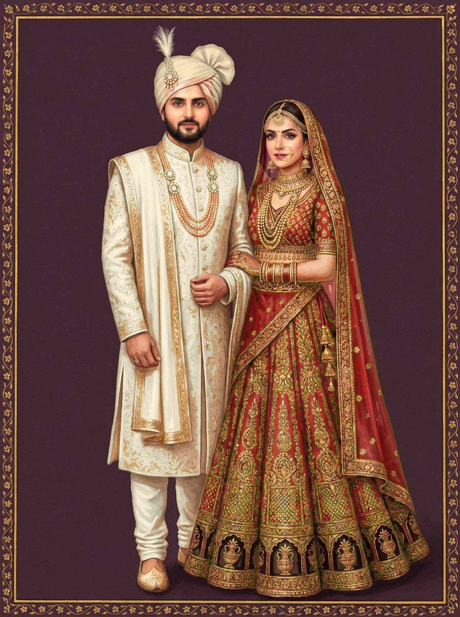 Regency-style oil painting of the couple beneath a gilded jharokha arch