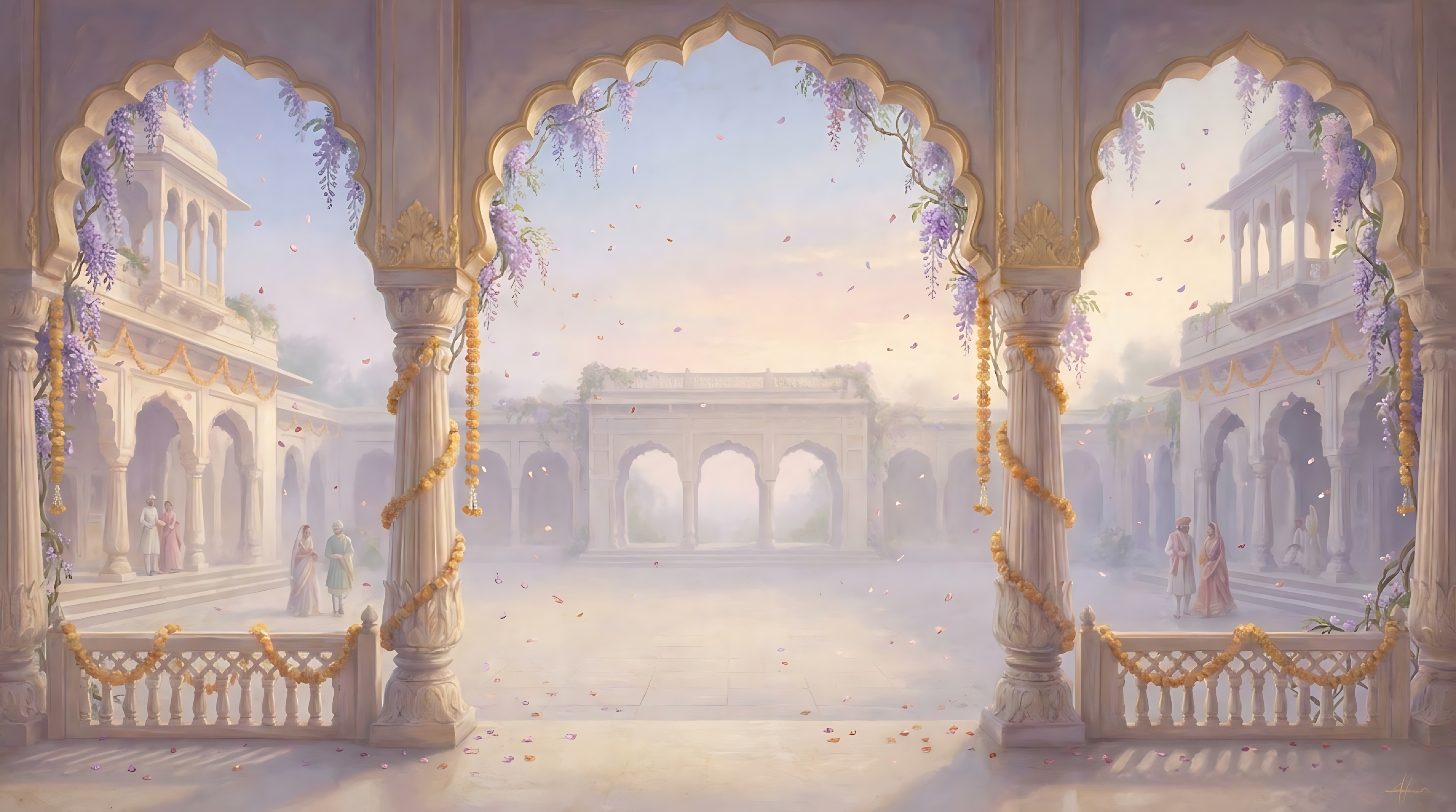 Painted ivory palace courtyard with marigold garlands